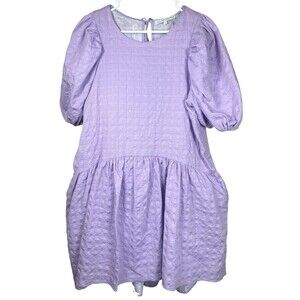 English Factory Lilac Textured Puff Sleeve Mini Dress L Tiered Back Tie Babydoll